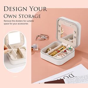 Emibele Travel Jewelry Box with Mirror, PU Leather Small Travel Jewelry Case, Travel Jewelry Organizer for Women Girls, Small Jewelry Travel Case for Rings, Earrings, Necklaces, Bracelet, White