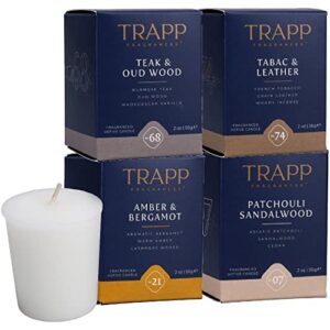 Trapp 2oz Votive Scented Candle Cozy Earthy Aromas Variety, Set of 4 - Scents Include No. 74 Tabac & Leather, No. 21 Amber Bergamot, No. 07 Patchouli Sandalwood, No. 68 Teak & Oud Wood