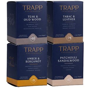 Trapp 2oz Votive Scented Candle Cozy Earthy Aromas Variety, Set of 4 - Scents Include No. 74 Tabac & Leather, No. 21 Amber Bergamot, No. 07 Patchouli Sandalwood, No. 68 Teak & Oud Wood