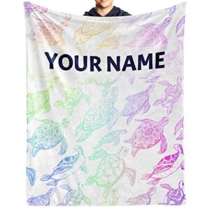 personalized sea turtle blanket gifts with text name, 40″x50″ turtle flannel fleece throw blanket soft, lightweight, comfortable, warm sea turtle themed blanket for kids adults