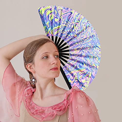 JYSILIYH Hand Fans for Women Foldable,Large Folding Hand Rave Fan,Folding Hand Fan,Folding Fan,Hand Fans,Pride Fan,Bamboo and Nylon-Cloth Folding Hand Fan,Folding Fan Dance Fan for Women Men (Waves)