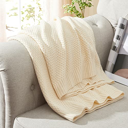 Eychei Acrylic Cable Knit Throw Blanket 50" x 60" Soft Cozy Knitted Throw Blanket, Lightweight Warm Decorative Sofa Knit Bed Blankets (Off White)