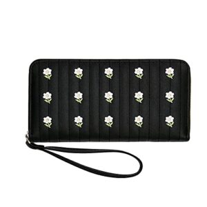 ljczka pu leather wallet for women girls large capacity cute flower card holder wallets wrist strap ladies long purse (black)
