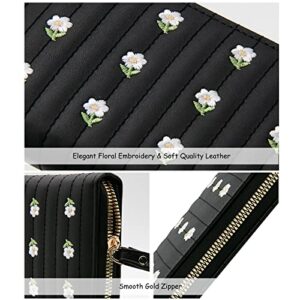 LJCZKA PU Leather Wallet for Women Girls Large Capacity Cute Flower Card Holder Wallets Wrist Strap Ladies Long Purse (Black)