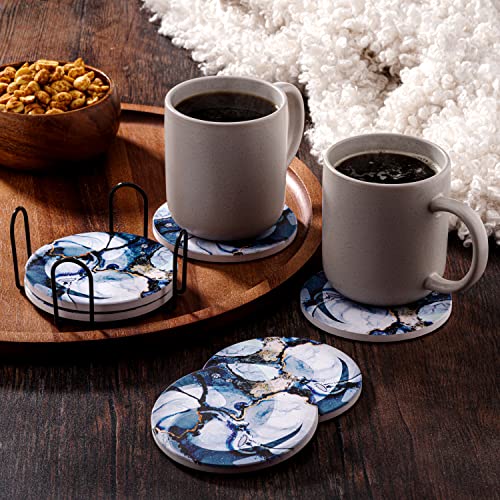 Vanilz Coasters for Drinks Absorbent - Coaster Set with Holder - 6 Pcs - Cup Coasters with Holder - Ceramic Coasters for Wooden Table - Blue Coasters - Coasters for Coffee Table (Ocean Blue)