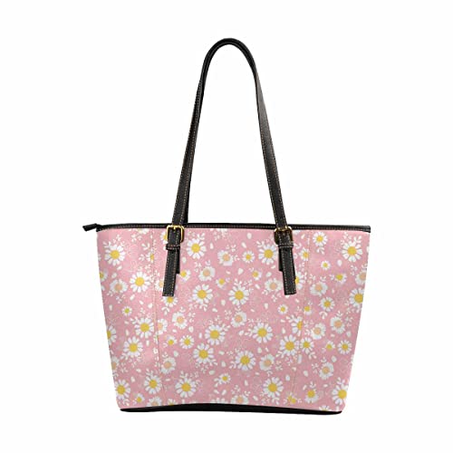 InterestPrint Vintage Pink Daisies Flower Women Handbag Shoulder Bags Tote PU Leather Handbag