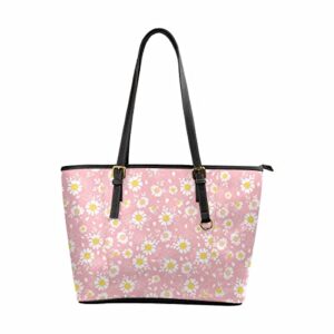 InterestPrint Vintage Pink Daisies Flower Women Handbag Shoulder Bags Tote PU Leather Handbag