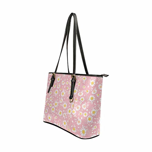 InterestPrint Vintage Pink Daisies Flower Women Handbag Shoulder Bags Tote PU Leather Handbag