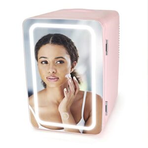 personal chiller 6l cooler mini fridge– portable led fridge for makeup, skincare, snacks, & more – mini fridge for bedroom vanity with lighted glass (pink)