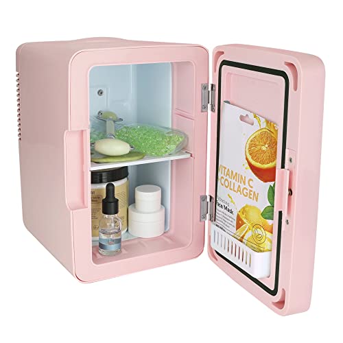 PERSONAL CHILLER 6L Cooler Mini Fridge– Portable LED Fridge for Makeup, Skincare, Snacks, & More – Mini Fridge for Bedroom Vanity with Lighted Glass (Pink)