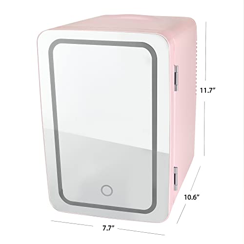 PERSONAL CHILLER 6L Cooler Mini Fridge– Portable LED Fridge for Makeup, Skincare, Snacks, & More – Mini Fridge for Bedroom Vanity with Lighted Glass (Pink)