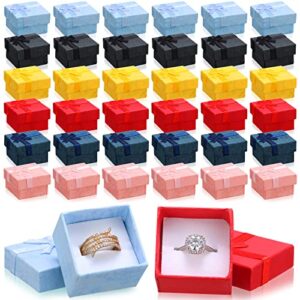 72 pcs ring gift box 1.6 x 1.6 x 1.1 inches hard cardboard jewelry boxes with ribbon bow small ring box gift cases for earring packaging necklace bangle bracelets weddings birthdays, 6 colors