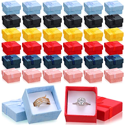 72 Pcs Ring Gift Box 1.6 x 1.6 x 1.1 Inches Hard Cardboard Jewelry Boxes with Ribbon Bow Small Ring Box Gift Cases for Earring Packaging Necklace Bangle Bracelets Weddings Birthdays, 6 Colors