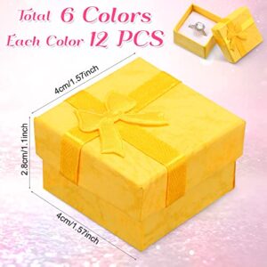 72 Pcs Ring Gift Box 1.6 x 1.6 x 1.1 Inches Hard Cardboard Jewelry Boxes with Ribbon Bow Small Ring Box Gift Cases for Earring Packaging Necklace Bangle Bracelets Weddings Birthdays, 6 Colors