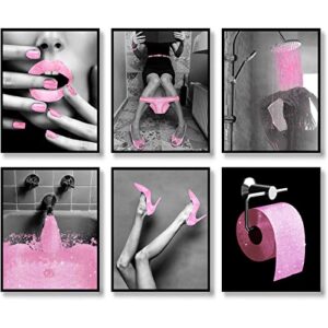 SIKYUCOR Fashion Wall Art Bathroom Wall Decor Prints Pink Glam Glitter Tissue Canvas Posters Photos Bathroom Pictures Artwork Black and White Modern Women Funny Bathroom (Pink, 8"x10" UNFRAMED)