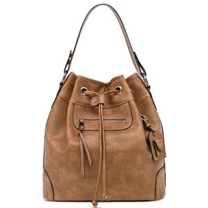 scarleton purses and handbags, drawstring bucket bag, hobo bags for women, crossbody bag, multi pocket shoulder bag, h107804a – brown