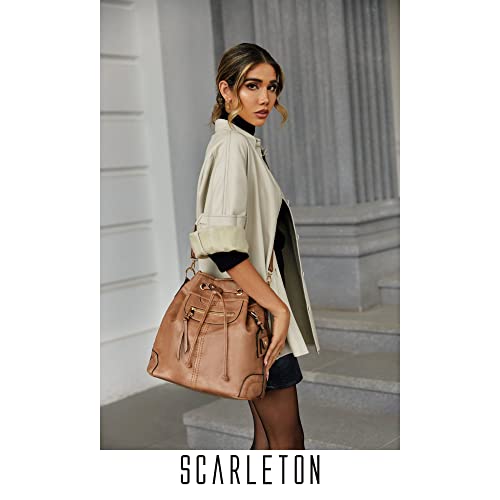 Scarleton Purses and Handbags, Drawstring Bucket Bag, Hobo Bags for Women, Crossbody Bag, Multi Pocket Shoulder Bag, H107804A - Brown