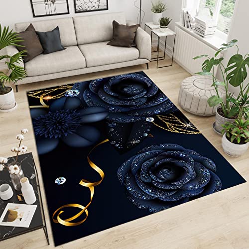 Black Blue Rose Indoor Rug, Mysterious Romantic Delicate Area Rug, Washable Rugs Non Shedding Flannel Rubber Backing Non-Slip for Living Room Bedroom Office Studio Entryway, 6 x 8ft