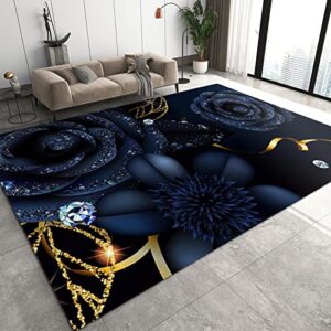 Black Blue Rose Indoor Rug, Mysterious Romantic Delicate Area Rug, Washable Rugs Non Shedding Flannel Rubber Backing Non-Slip for Living Room Bedroom Office Studio Entryway, 6 x 8ft