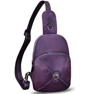 genuine leather sling bag for women sling backpack retro chest shoulder vintage handmade hiking crossbody purse (purple)
