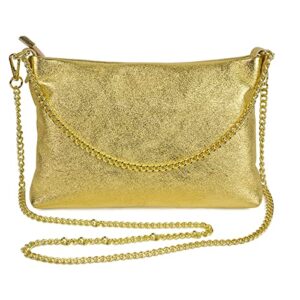 dasein italian genuine calf leather crossbody bag smooth shoulder bag for women metallic evening bag party purse with two chain strap (gold)