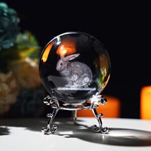 60mm glass laser engraved rabbit ball paperweights 2023 crystal easter rabbit year figurines 3d crystal ball with stand easter bunny decoration for home office birthday gifts for mum women kids girls