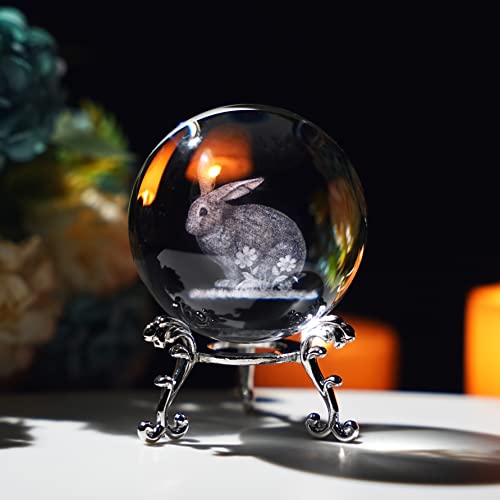 60mm Glass Laser Engraved Rabbit Ball Paperweights 2023 Crystal Easter Rabbit Year Figurines 3D Crystal Ball with Stand Easter Bunny Decoration for Home Office Birthday Gifts for Mum Women Kids Girls