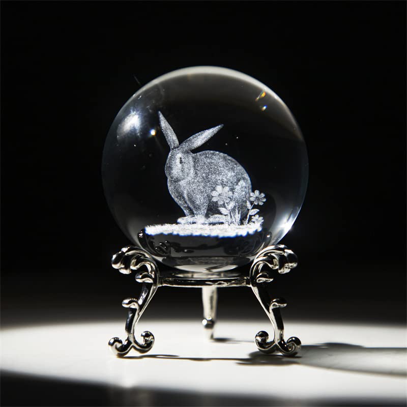 60mm Glass Laser Engraved Rabbit Ball Paperweights 2023 Crystal Easter Rabbit Year Figurines 3D Crystal Ball with Stand Easter Bunny Decoration for Home Office Birthday Gifts for Mum Women Kids Girls