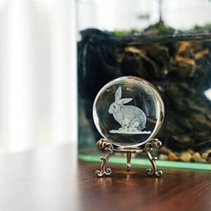 60mm Glass Laser Engraved Rabbit Ball Paperweights 2023 Crystal Easter Rabbit Year Figurines 3D Crystal Ball with Stand Easter Bunny Decoration for Home Office Birthday Gifts for Mum Women Kids Girls