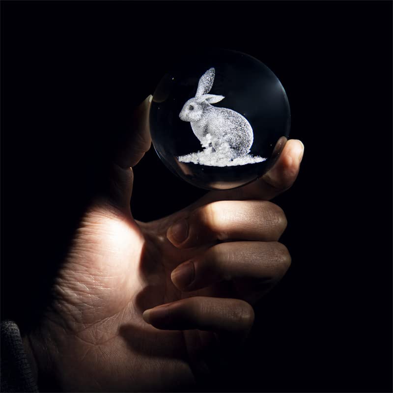 60mm Glass Laser Engraved Rabbit Ball Paperweights 2023 Crystal Easter Rabbit Year Figurines 3D Crystal Ball with Stand Easter Bunny Decoration for Home Office Birthday Gifts for Mum Women Kids Girls