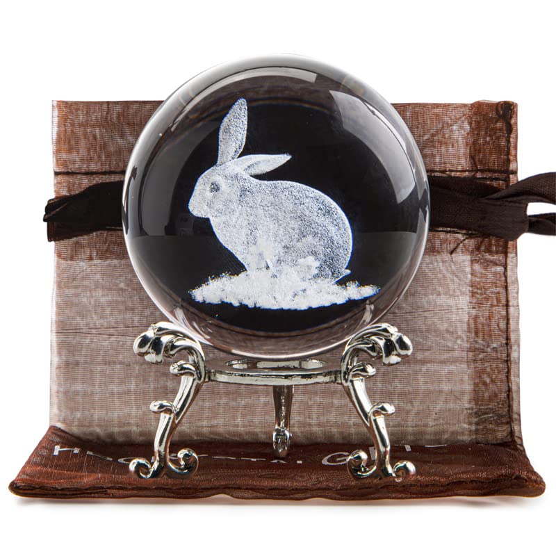 60mm Glass Laser Engraved Rabbit Ball Paperweights 2023 Crystal Easter Rabbit Year Figurines 3D Crystal Ball with Stand Easter Bunny Decoration for Home Office Birthday Gifts for Mum Women Kids Girls