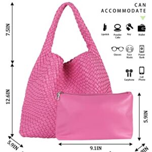 Woven Tote Handbags + Purse For Women Vegan Leather Shoulder Top-Handle Travel Shopper Bag Ladies Large Capacity Underarm Bag Rose Pink