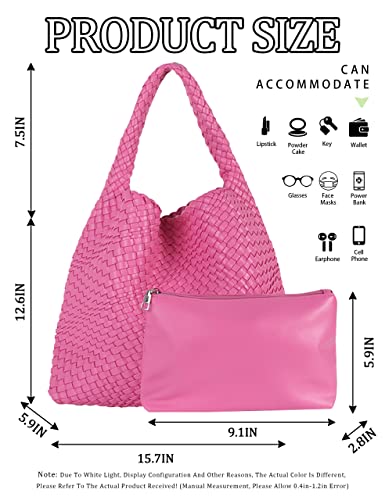 Woven Tote Handbags + Purse For Women Vegan Leather Shoulder Top-Handle Travel Shopper Bag Ladies Large Capacity Underarm Bag Rose Pink