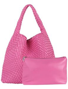 woven tote handbags + purse for women vegan leather shoulder top-handle travel shopper bag ladies large capacity underarm bag rose pink