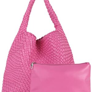 Woven Tote Handbags + Purse For Women Vegan Leather Shoulder Top-Handle Travel Shopper Bag Ladies Large Capacity Underarm Bag Rose Pink