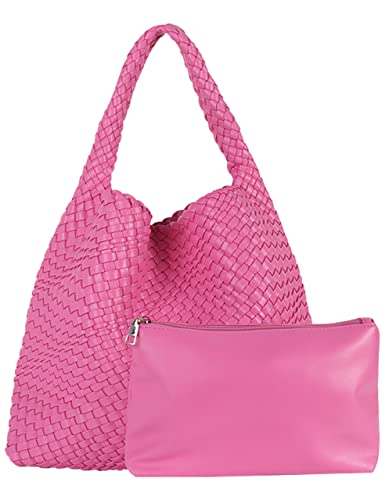 Woven Tote Handbags + Purse For Women Vegan Leather Shoulder Top-Handle Travel Shopper Bag Ladies Large Capacity Underarm Bag Rose Pink