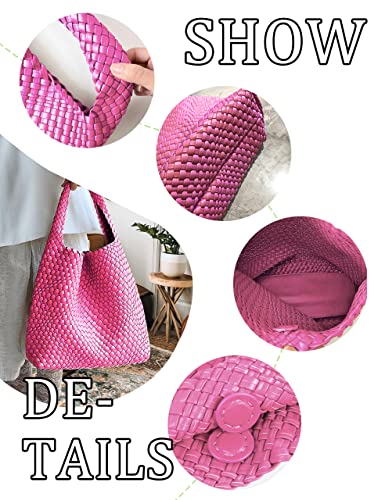 Woven Tote Handbags + Purse For Women Vegan Leather Shoulder Top-Handle Travel Shopper Bag Ladies Large Capacity Underarm Bag Rose Pink