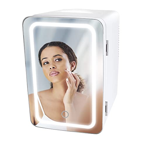 PERSONAL CHILLER 6L Mini Fridge Cooler and Warmer – Portable LED Fridge for Makeup, Skincare, Snacks, More – Mini Fridge for Bedroom Vanity with Lighted Glass (White)