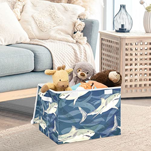 DOMIKING Shark Ocean Collapsible Rectangular Storage Bins with Lids Decorative Lidded Basket for Toys Organizers Fabric Storage Boxes with Handles for Home Toys Organizers Clothes and Books