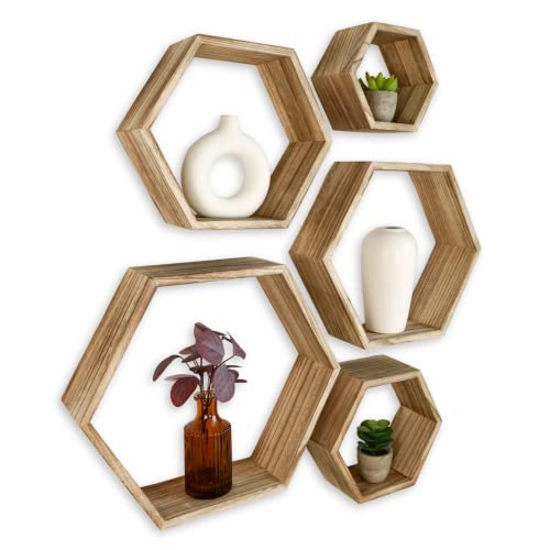 Hexagon Shelves Set of 5 – Wall Mounted Natural Light Wood Floating Shelves – Decorative Honeycomb Hanging Display Shelf for Bedroom, Living Room, Kitchen & Office - Modern Farmhouse Décor Storage