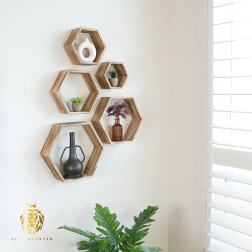 Hexagon Shelves Set of 5 – Wall Mounted Natural Light Wood Floating Shelves – Decorative Honeycomb Hanging Display Shelf for Bedroom, Living Room, Kitchen & Office - Modern Farmhouse Décor Storage