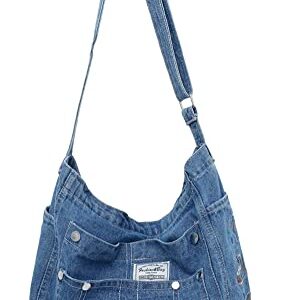 Denim Hobo Bags for Women Retro Jean Shoulder Bag with Embroidery Casual Tote Handbags Multi Pockets Vintage Satchel Bags