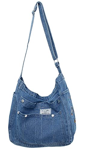 Denim Hobo Bags for Women Retro Jean Shoulder Bag with Embroidery Casual Tote Handbags Multi Pockets Vintage Satchel Bags