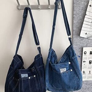 Denim Hobo Bags for Women Retro Jean Shoulder Bag with Embroidery Casual Tote Handbags Multi Pockets Vintage Satchel Bags