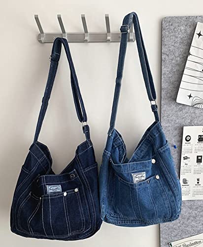 Denim Hobo Bags for Women Retro Jean Shoulder Bag with Embroidery Casual Tote Handbags Multi Pockets Vintage Satchel Bags