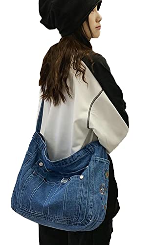 Denim Hobo Bags for Women Retro Jean Shoulder Bag with Embroidery Casual Tote Handbags Multi Pockets Vintage Satchel Bags