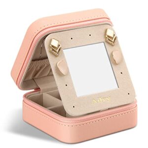 ailvy travel jewelry organizer with mirror, small jewelry box portable display storage jewelry case for earrings, rings, necklaces, bracelet, gift for women girls (pink)
