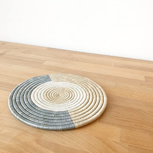 African Woven Trivet- Karamira/Rwanda Trivet/Sisal & Sweetgrass/Gray, Tan, White