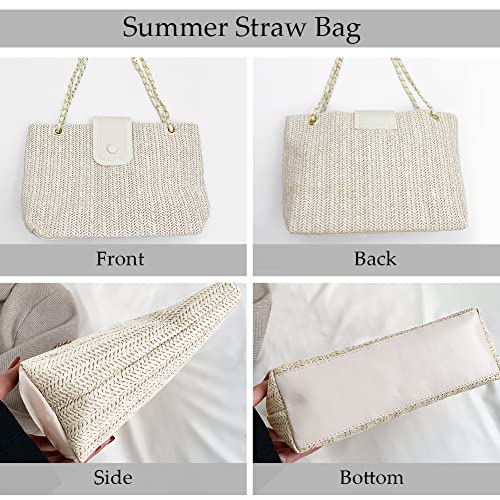 Straw Tote Bags Fashion Satchel Shoulder Handbag Summer Chain Purse Crossbody Beach Bags for Women 2023(White)