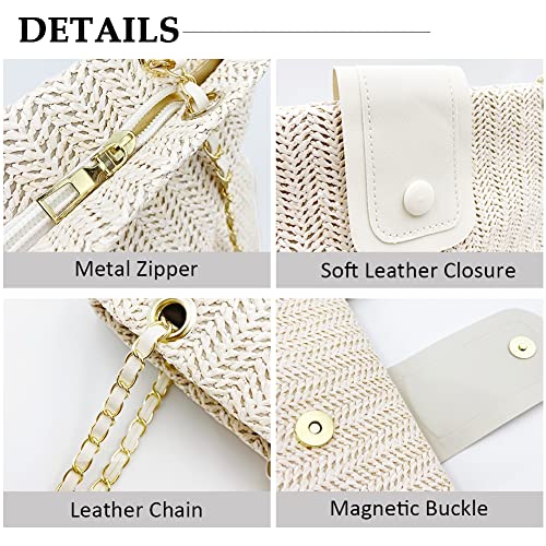 Straw Tote Bags Fashion Satchel Shoulder Handbag Summer Chain Purse Crossbody Beach Bags for Women 2023(White)